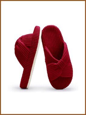 Memory Foam Corduroy Bow Crossband Open Toe House Slippers